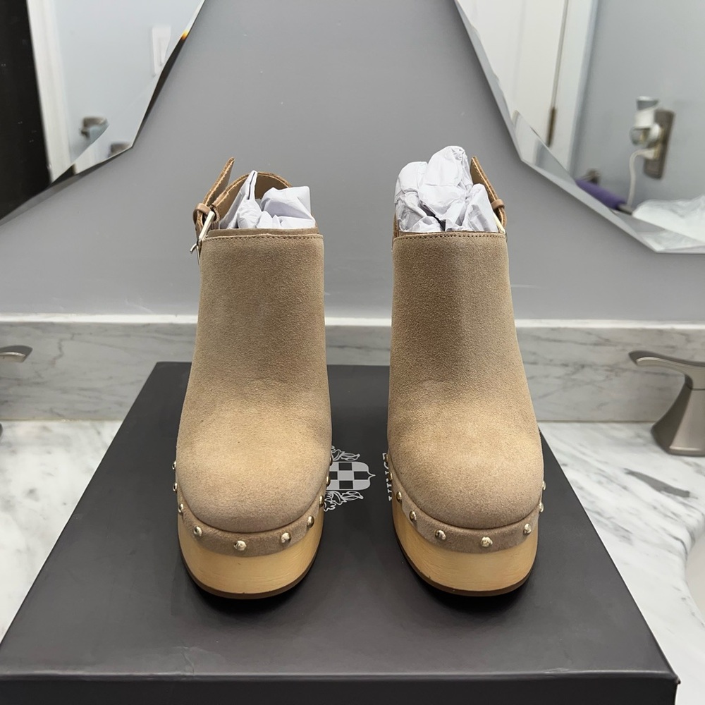 Vince Camuto Verona Burnished Suede Studded Leather Platform Clog in Tortilla